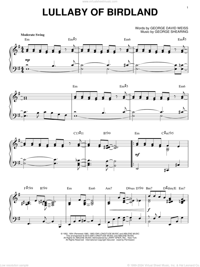 Lullaby Of Birdland [Jazz version] (arr. Brent Edstrom) sheet music for piano solo by George Shearing, Ella Fitzgerald and George David Weiss, intermediate skill level