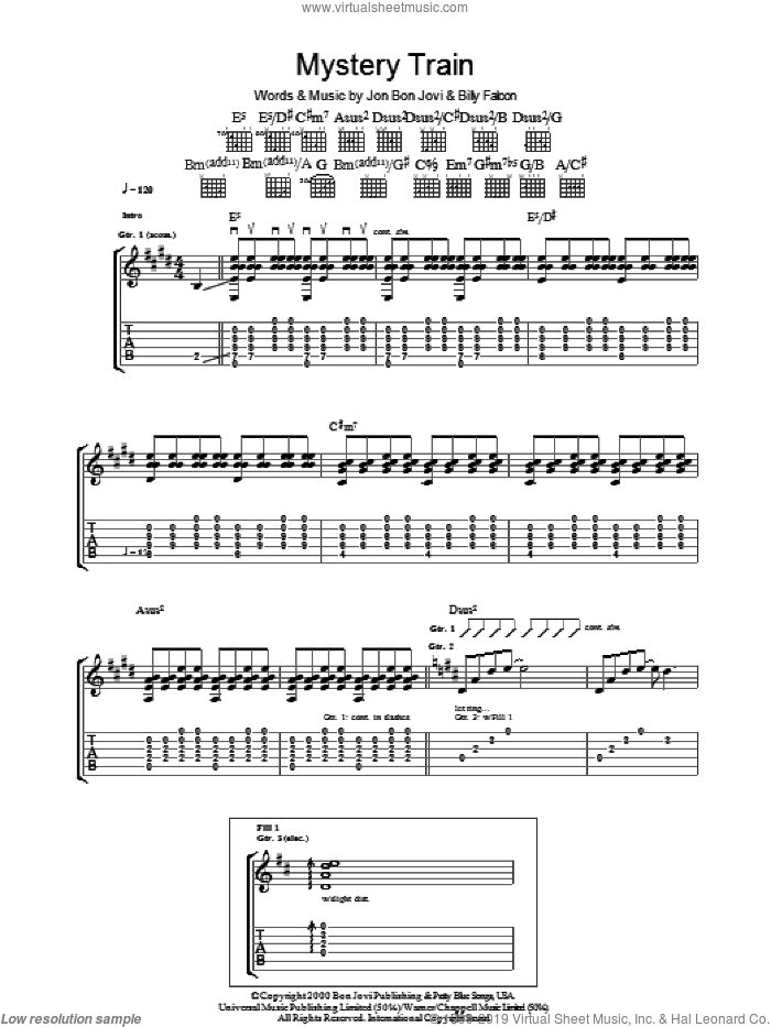 Mystery Train sheet music for guitar (tablature) by Bon Jovi and Billy Falcon, intermediate skill level
