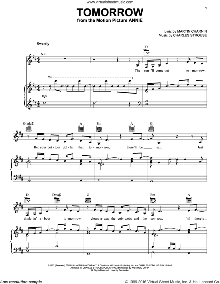 Tomorrow sheet music for voice, piano or guitar by Charles Strouse and Martin Charnin, intermediate skill level