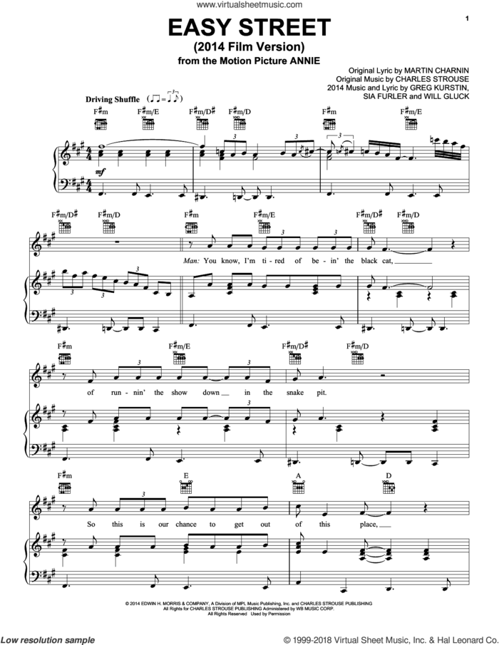 Easy Street (2014 Film Version) sheet music for voice, piano or guitar by Charles Strouse, Christoph Willibald Gluck, Greg Kurstin, Martin Charnin and Sia Furler, intermediate skill level