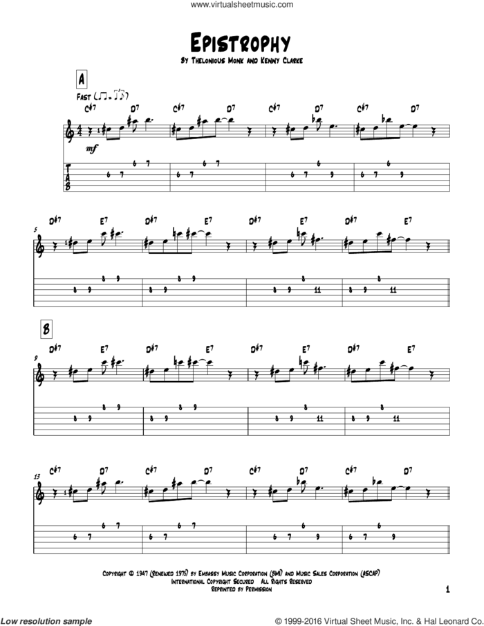 Epistrophy sheet music for guitar solo by Thelonious Monk and Kenny Clarke, intermediate skill level