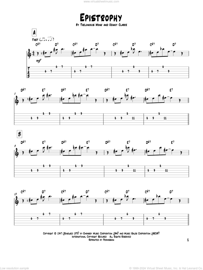 Epistrophy sheet music for guitar solo by Thelonious Monk and Kenny Clarke, intermediate skill level