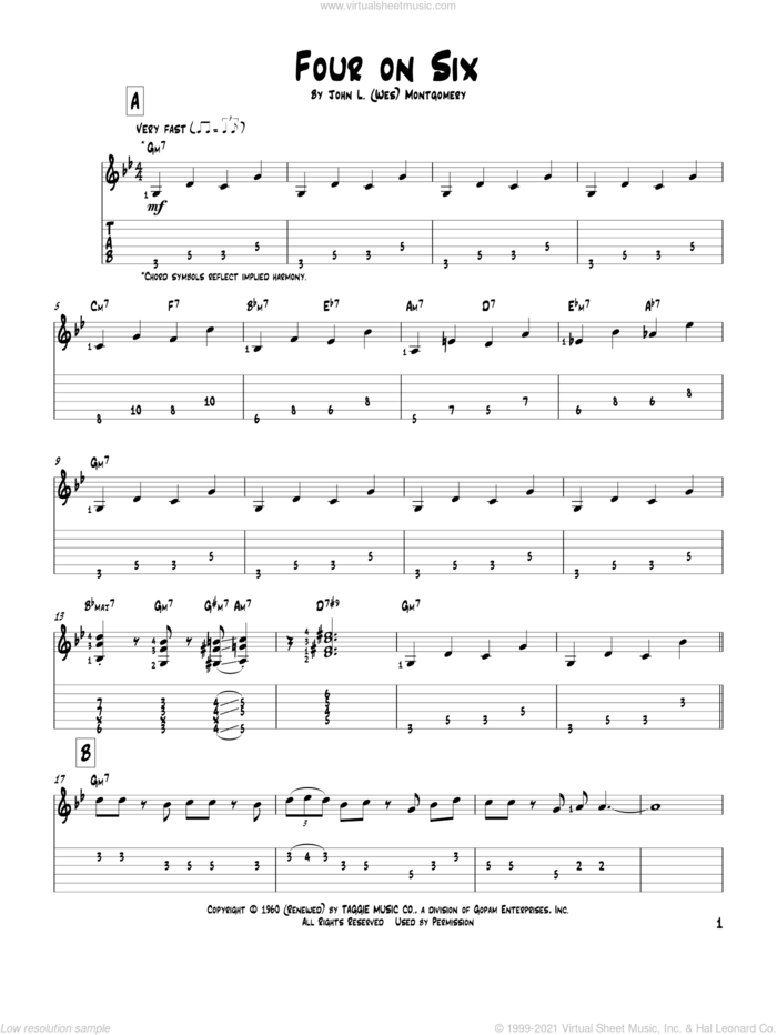 Four On Six sheet music for guitar solo by Wes Montgomery, intermediate skill level
