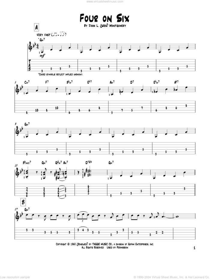 Four On Six sheet music for guitar solo by Wes Montgomery, intermediate skill level