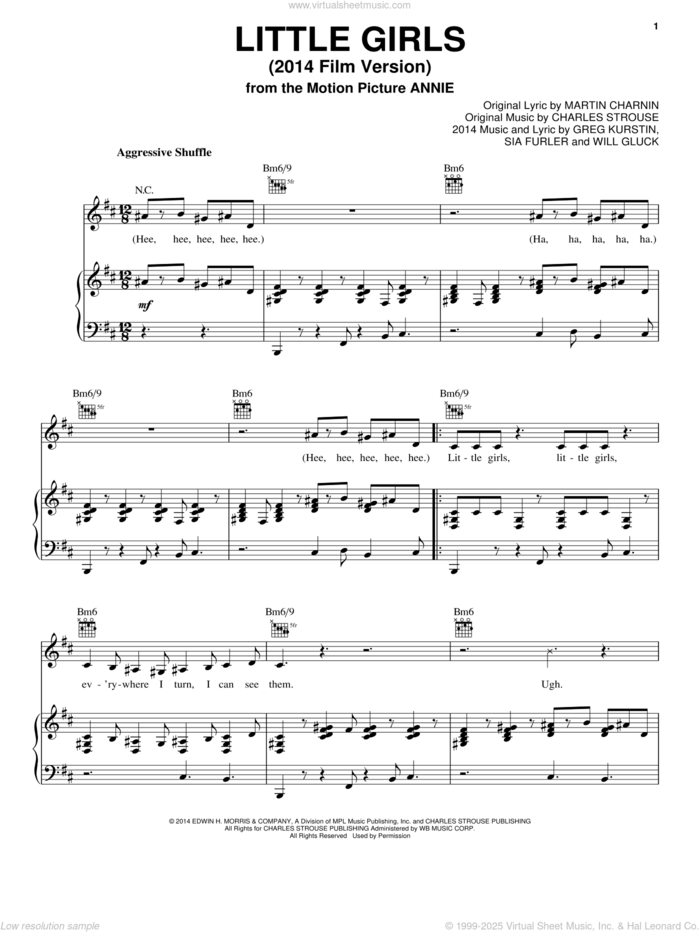 Little Girls (2014 Film Version) sheet music for voice, piano or guitar by Charles Strouse, Christoph Willibald Gluck, Greg Kurstin, Martin Charnin and Sia Furler, intermediate skill level