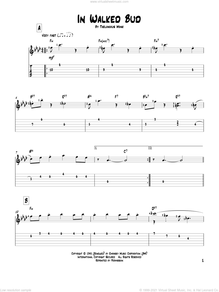 In Walked Bud sheet music for guitar solo by Thelonious Monk, intermediate skill level