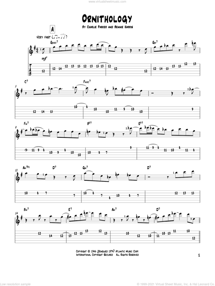 Ornithology sheet music for guitar solo by Charlie Parker and Bennie Harris, intermediate skill level