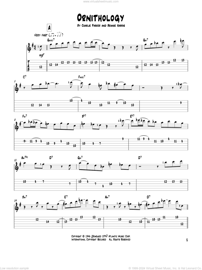 Ornithology sheet music for guitar solo by Charlie Parker and Bennie Harris, intermediate skill level