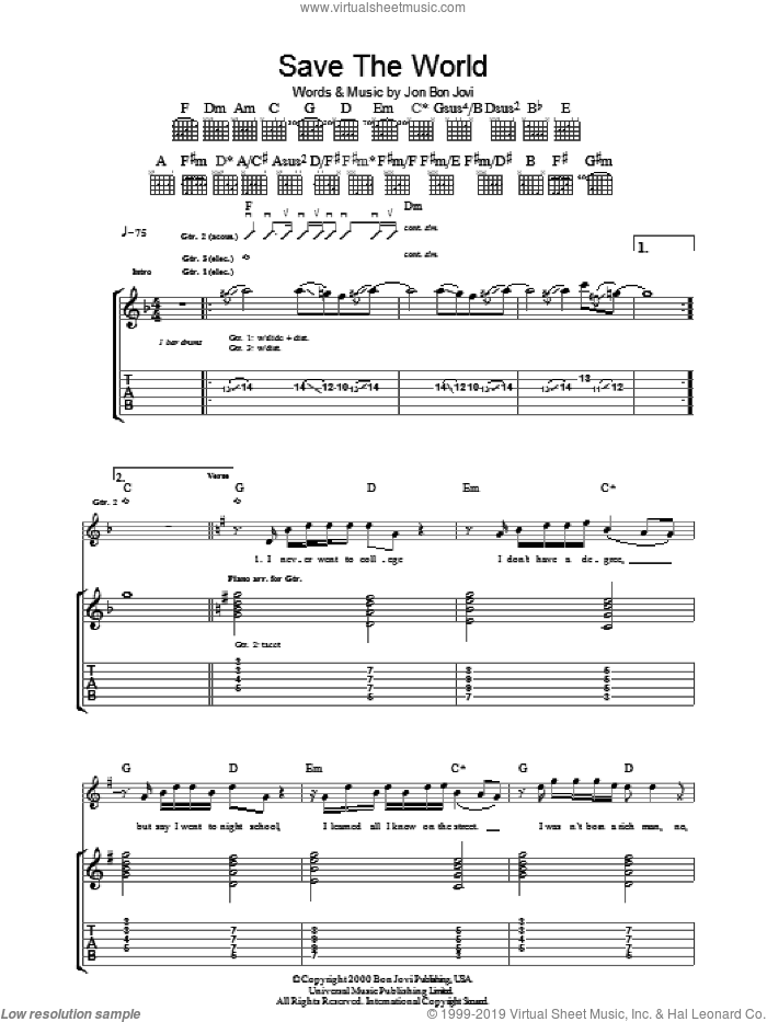 Save The World sheet music for guitar (tablature) by Bon Jovi, intermediate skill level