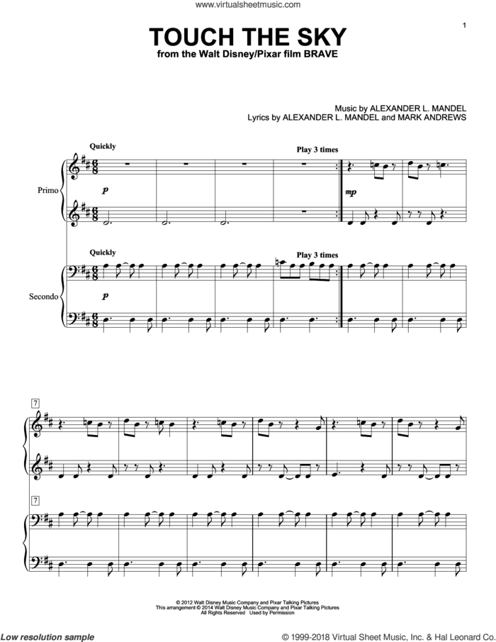 Touch The Sky (From Brave) sheet music for piano four hands by Julie Fowlis, Alexander L. Mandel and Mark Andrews, intermediate skill level