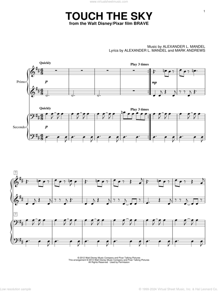 Touch The Sky (From Brave) sheet music for piano four hands by Julie Fowlis, Alexander L. Mandel and Mark Andrews, intermediate skill level