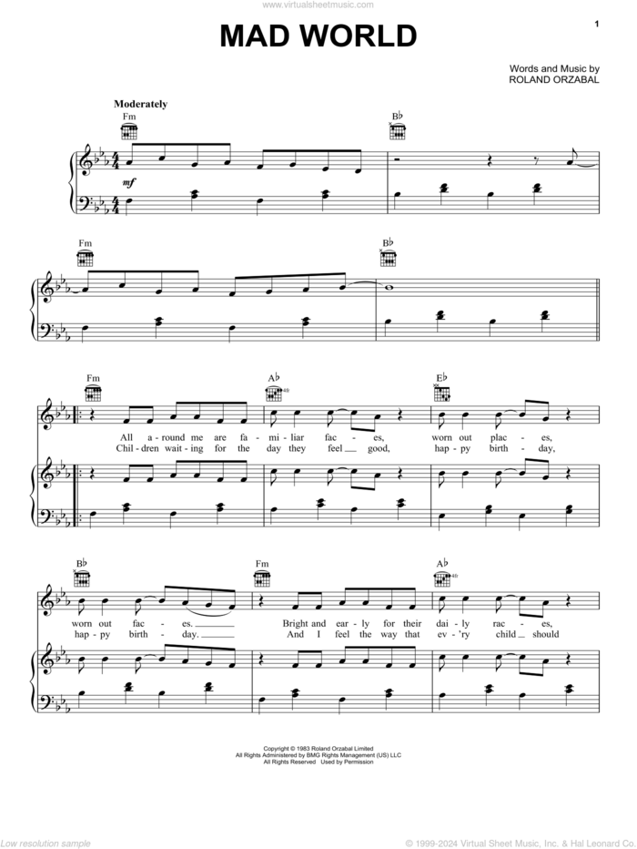 Mad World sheet music for voice, piano or guitar by Gary Jules, Adam Lambert and Roland Orzabal, intermediate skill level