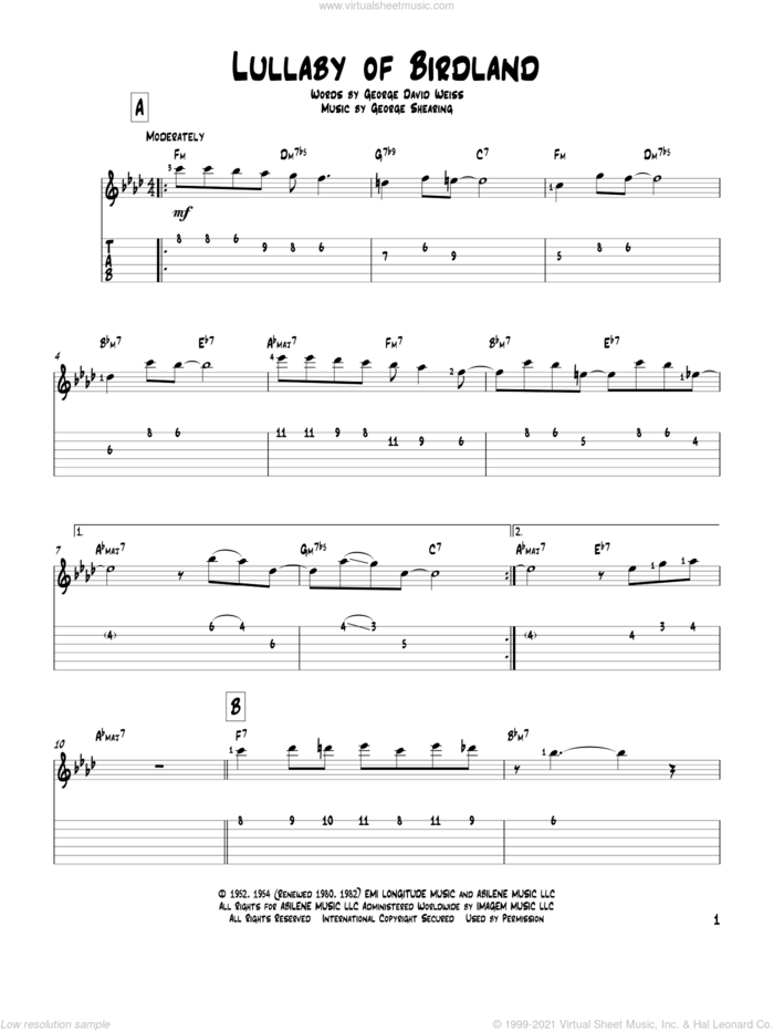 Lullaby Of Birdland sheet music for guitar solo by George Shearing and George David Weiss, intermediate skill level