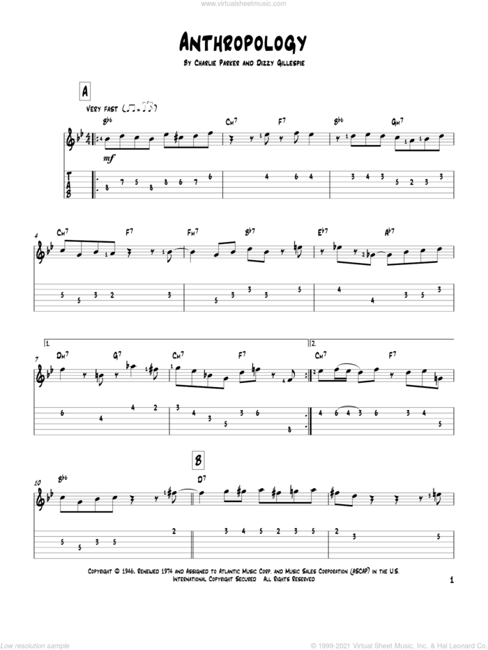 Anthropology sheet music for guitar solo by Charlie Parker and Dizzy Gillespie, intermediate skill level