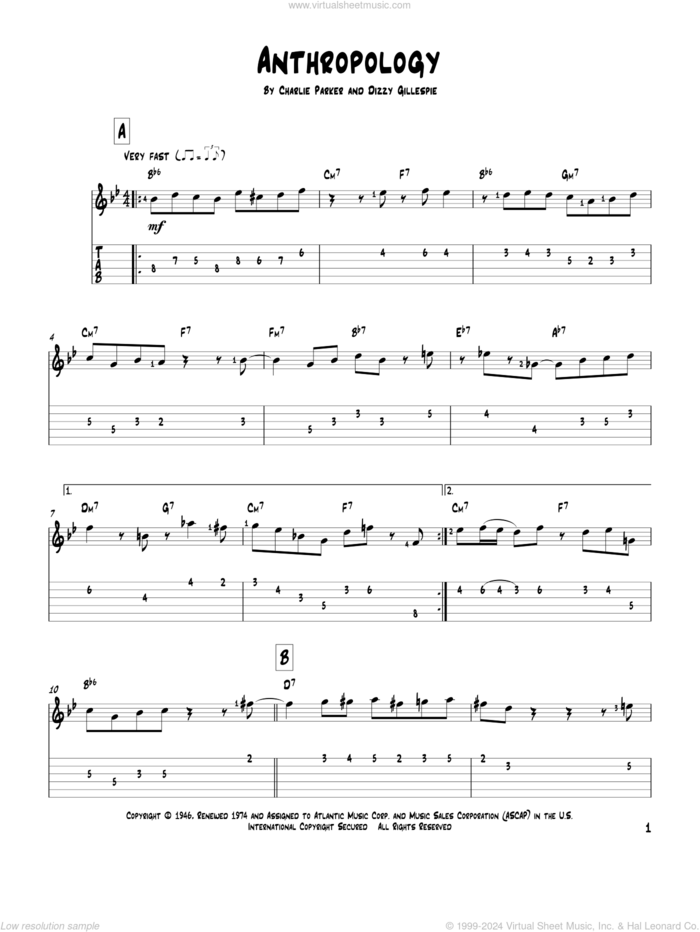 Anthropology sheet music for guitar solo by Charlie Parker and Dizzy Gillespie, intermediate skill level