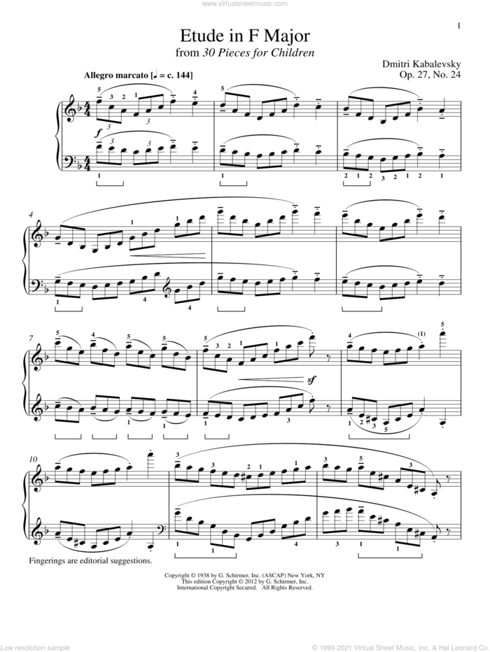 Etude In F Major sheet music for piano solo by Dmitri Kabalevsky, Richard Walters, Jeffrey Biegel and Margaret Otwell, classical score, intermediate skill level