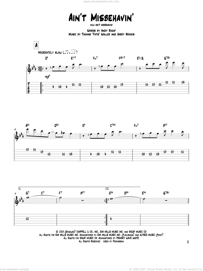 Ain't Misbehavin' sheet music for guitar solo by Andy Razaf, Hank Williams, Jr., Thomas Waller and Harry Brooks, intermediate skill level