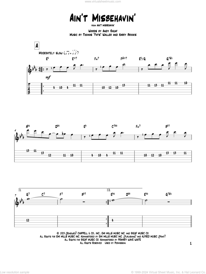 Ain't Misbehavin' sheet music for guitar solo by Andy Razaf, Hank Williams, Jr., Thomas Waller and Harry Brooks, intermediate skill level