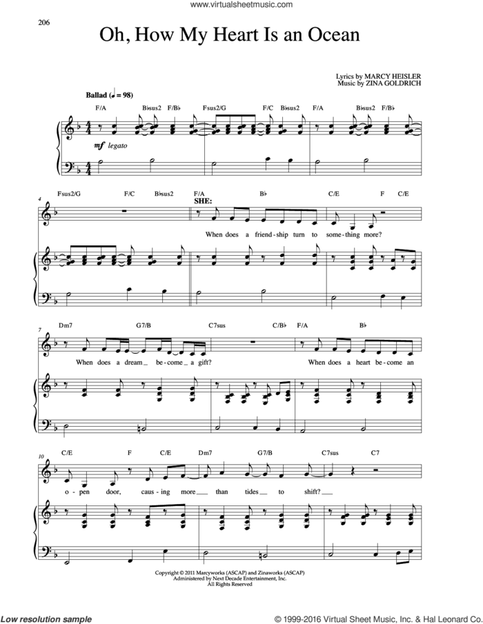Oh, How My Heart Is An Ocean sheet music for voice and piano by Goldrich & Heisler, Marcy Heisler and Zina Goldrich, intermediate skill level