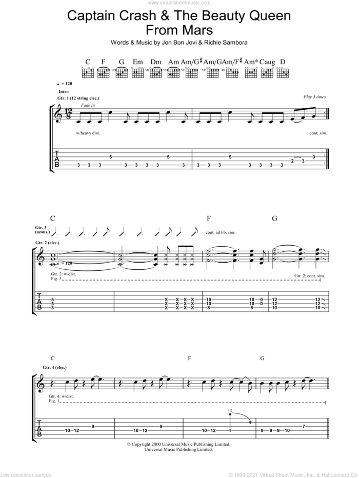 Captain Crash and The Beauty Queen From Mars sheet music for guitar (tablature) by Bon Jovi and Richie Sambora, intermediate skill level