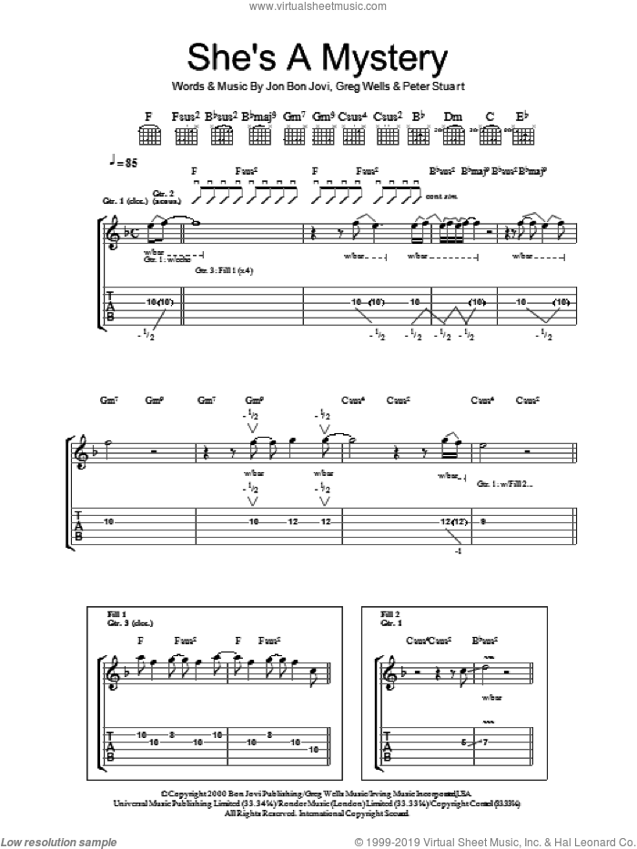 She's A Mystery sheet music for guitar (tablature) by Bon Jovi, Greg Wells and Peter Stuart, intermediate skill level