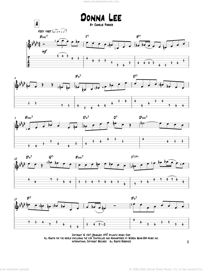Donna Lee sheet music for guitar solo by Charlie Parker, intermediate skill level