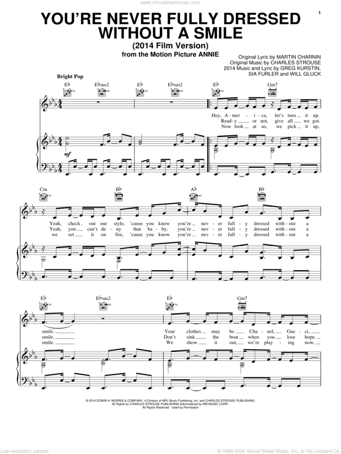 You're Never Fully Dressed Without A Smile (2014 Film Version) sheet music for voice, piano or guitar by Charles Strouse, Christoph Willibald Gluck, Greg Kurstin, Martin Charnin and Sia Furler, intermediate skill level