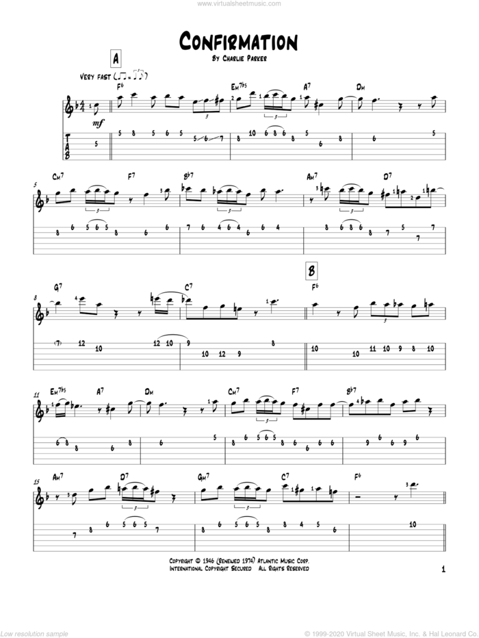 Confirmation sheet music for guitar solo by Charlie Parker, intermediate skill level