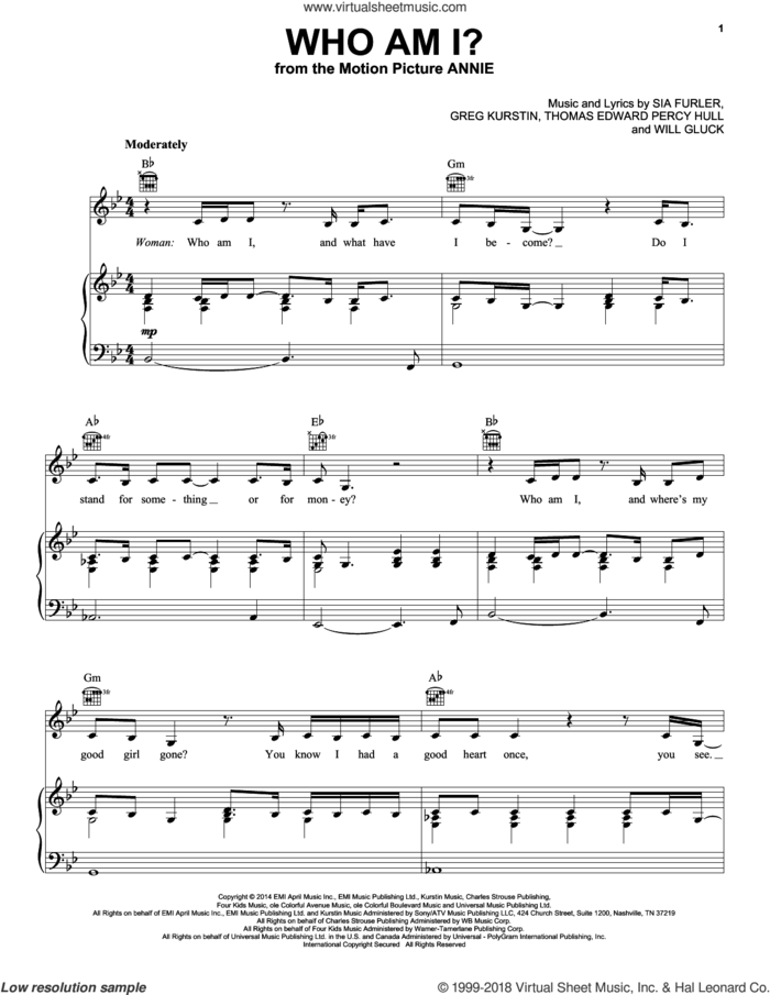 Who Am I? sheet music for voice, piano or guitar by Charles Strouse, Christoph Willibald Gluck, Greg Kurstin, Sia Furler and Thomas Edward Percy Hull, intermediate skill level