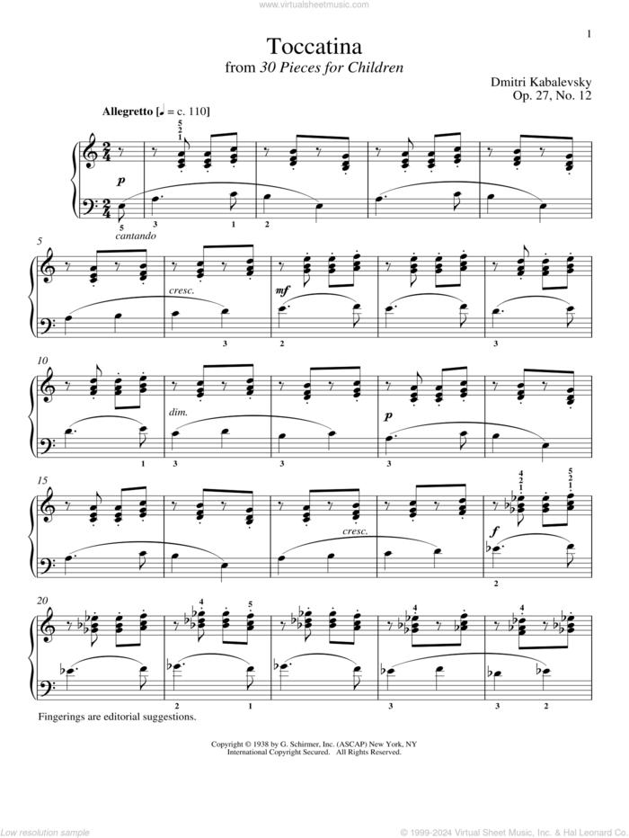 Toccatina sheet music for piano solo by Dmitri Kabalevsky, Richard Walters, Jeffrey Biegel and Margaret Otwell, classical score, intermediate skill level