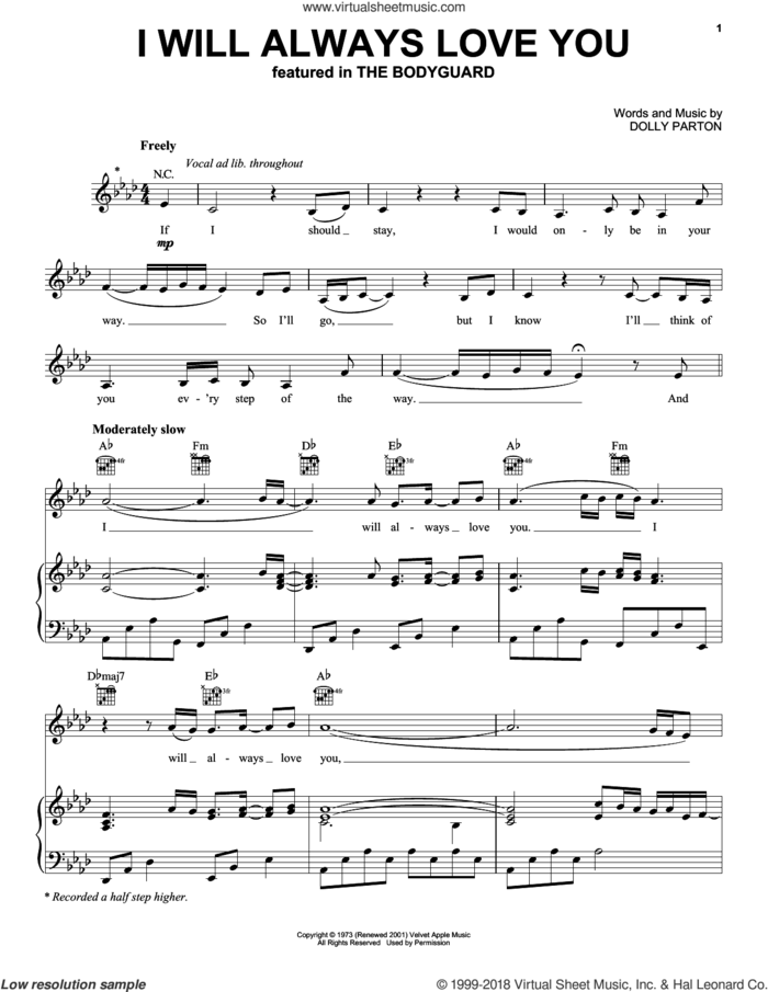 I Will Always Love You sheet music for voice, piano or guitar by Whitney Houston, Glee Cast and Dolly Parton, wedding score, intermediate skill level