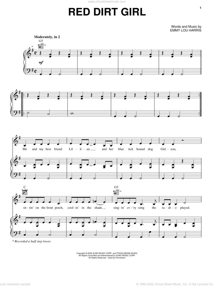 Red Dirt Girl sheet music for voice, piano or guitar by Emmylou Harris, intermediate skill level