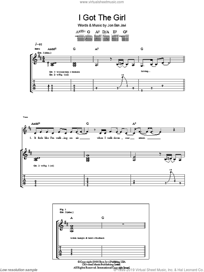 I Got The Girl sheet music for guitar (tablature) by Bon Jovi, intermediate skill level