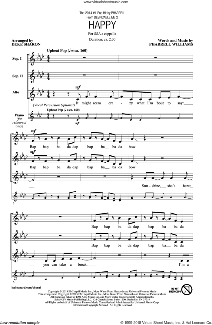 Happy (arr. Deke Sharon) sheet music for choir (SSA: soprano, alto) by Pharrell Williams, Deke Sharon and Pharrell, intermediate skill level