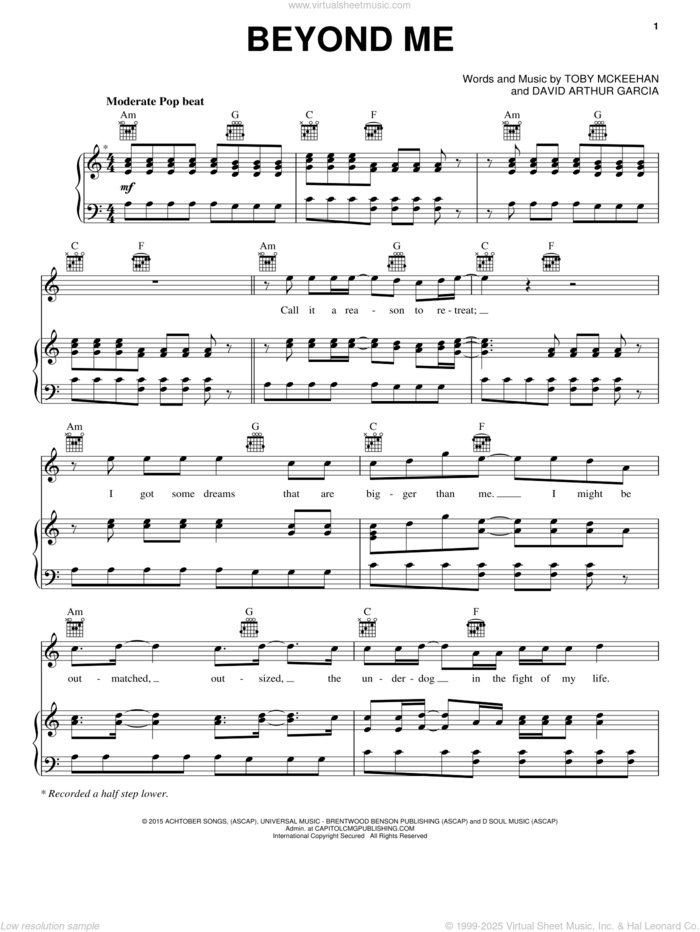 Beyond Me sheet music for voice, piano or guitar by tobyMac, David Arthur Garcia and Toby McKeehan, intermediate skill level