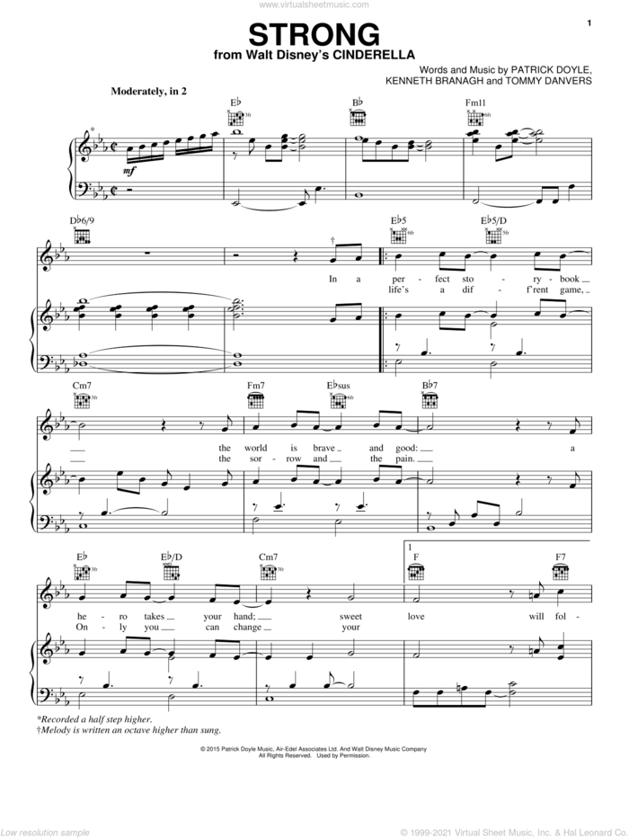 Strong (from the Motion Picture Cinderella) sheet music for voice, piano or guitar by Sonna, Sonna Rele, Patrick Doyle and Tommy Danvers, intermediate skill level