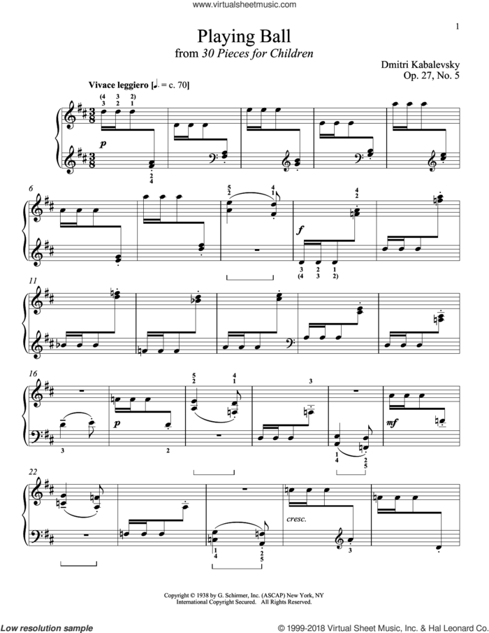 Playing Ball sheet music for piano solo by Dmitri Kabalevsky, Richard Walters, Jeffrey Biegel and Margaret Otwell, classical score, intermediate skill level