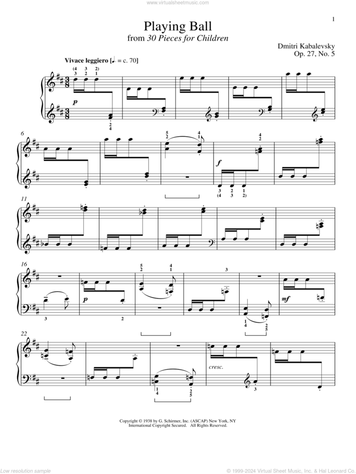 Playing Ball sheet music for piano solo by Dmitri Kabalevsky, Richard Walters, Jeffrey Biegel and Margaret Otwell, classical score, intermediate skill level