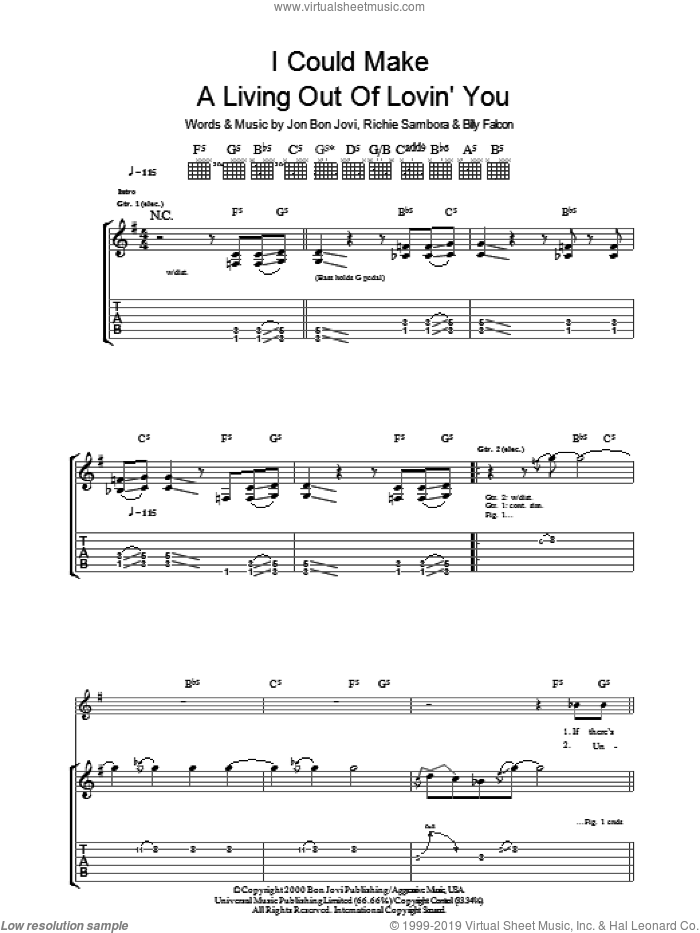 I Could Make A Living Out Of Lovin' You sheet music for guitar (tablature) by Bon Jovi, Billy Falcon and Richie Sambora, intermediate skill level