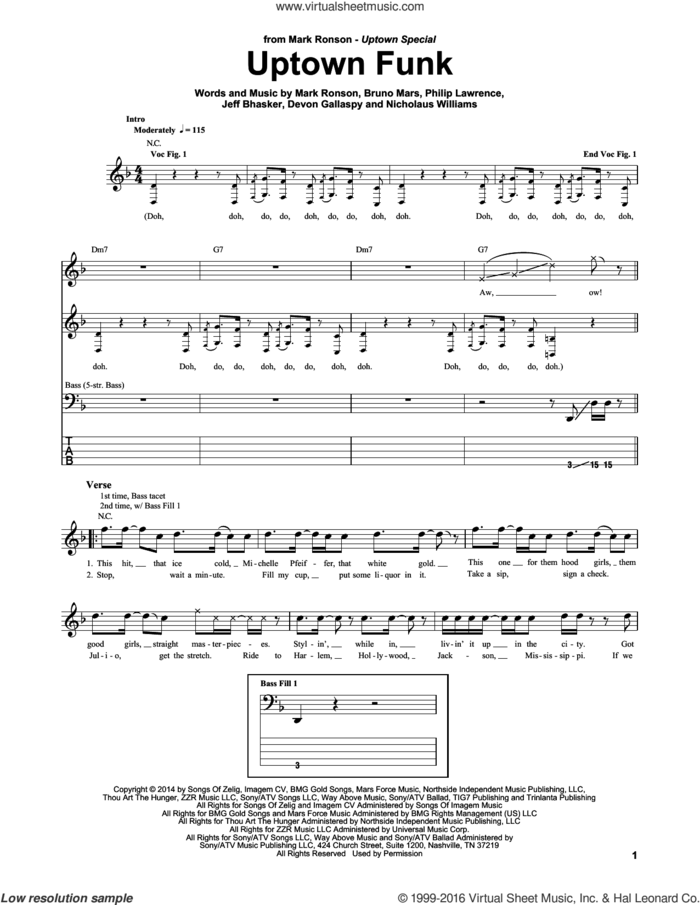 Uptown Funk (feat. Bruno Mars) sheet music for bass (tablature) (bass guitar) by Mark Ronson, Mark Ronson ft. Bruno Mars, Bruno Mars, Devon Gallaspy, Jeff Bhasker, Nicholaus Williams and Philip Lawrence, intermediate skill level