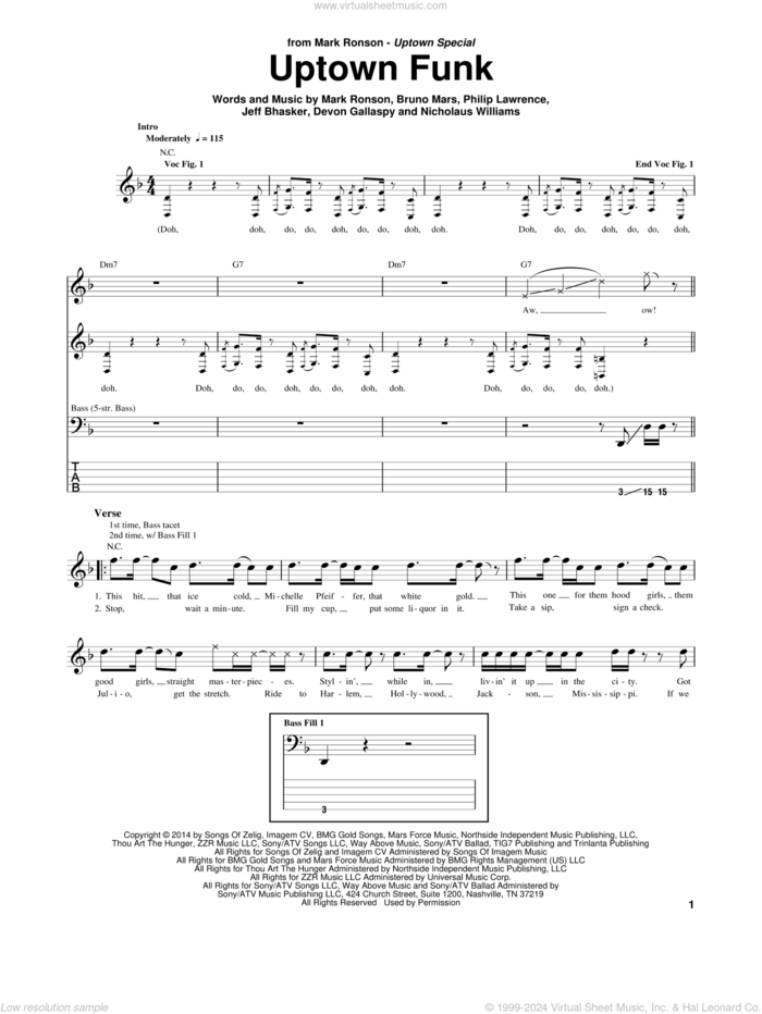 Uptown Funk (feat. Bruno Mars) sheet music for bass (tablature) (bass guitar) by Mark Ronson, Mark Ronson ft. Bruno Mars, Bruno Mars, Devon Gallaspy, Jeff Bhasker, Nicholaus Williams and Philip Lawrence, intermediate skill level