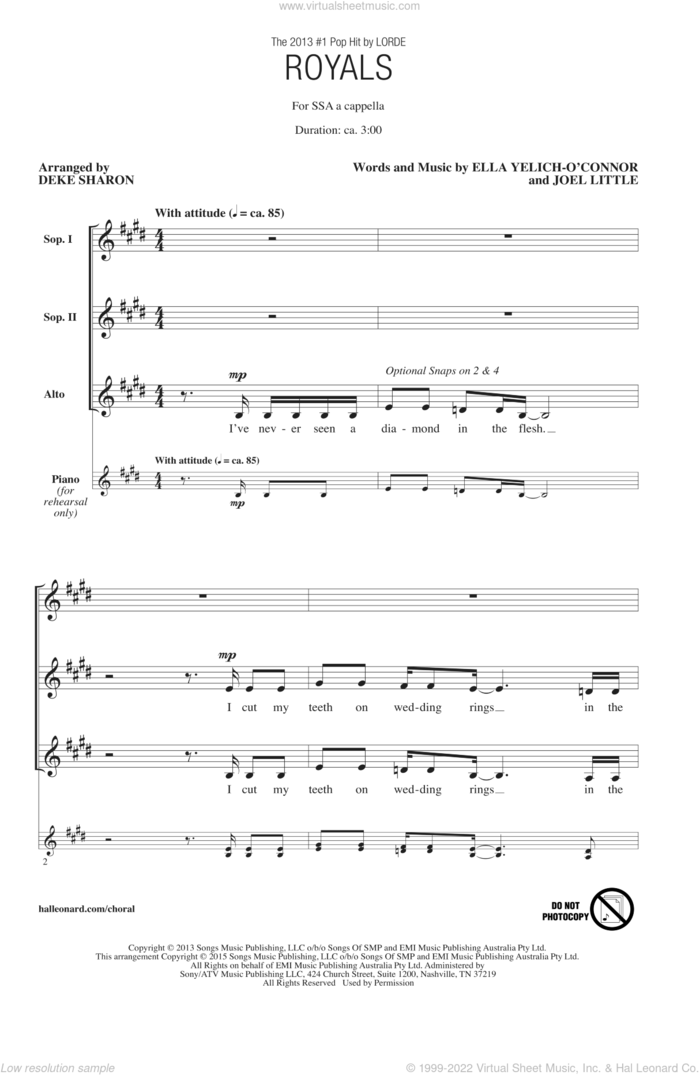 Royals (arr. Deke Sharon) sheet music for choir (SSA: soprano, alto) by Deke Sharon, Lorde and Joel Little, intermediate skill level