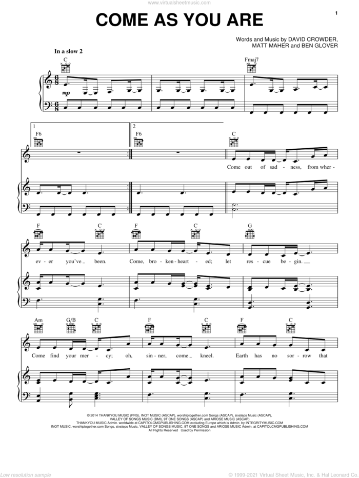 Come As You Are sheet music for voice, piano or guitar by Matt Maher, Ben Glover and David Crowder, intermediate skill level