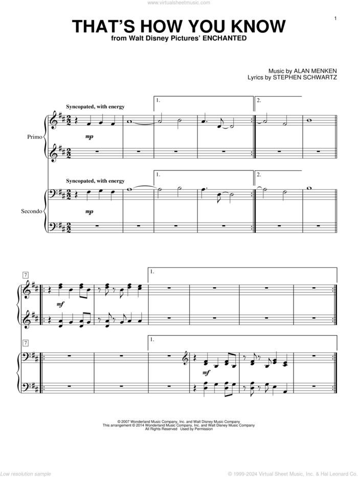 That's How You Know (from Enchanted) sheet music for piano four hands by Amy Adams, Alan Menken and Stephen Schwartz, intermediate skill level