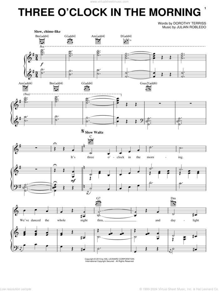 Three O'Clock In The Morning sheet music for voice, piano or guitar by Julian Robledo and Dorothy Terriss, intermediate skill level