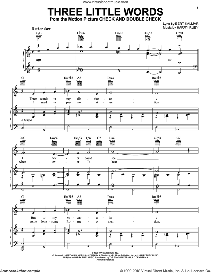 Three Little Words sheet music for voice, piano or guitar by Bert Kalmar and Harry Ruby, intermediate skill level