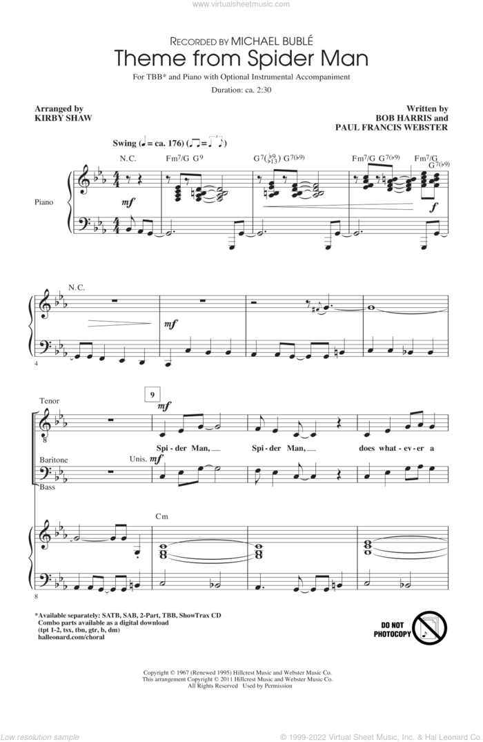 Theme From Spider-Man (arr. Kirby Shaw) sheet music for choir (TBB: tenor, bass) by Paul Francis Webster, Kirby Shaw, Michael Buble and Bob Harris, intermediate skill level