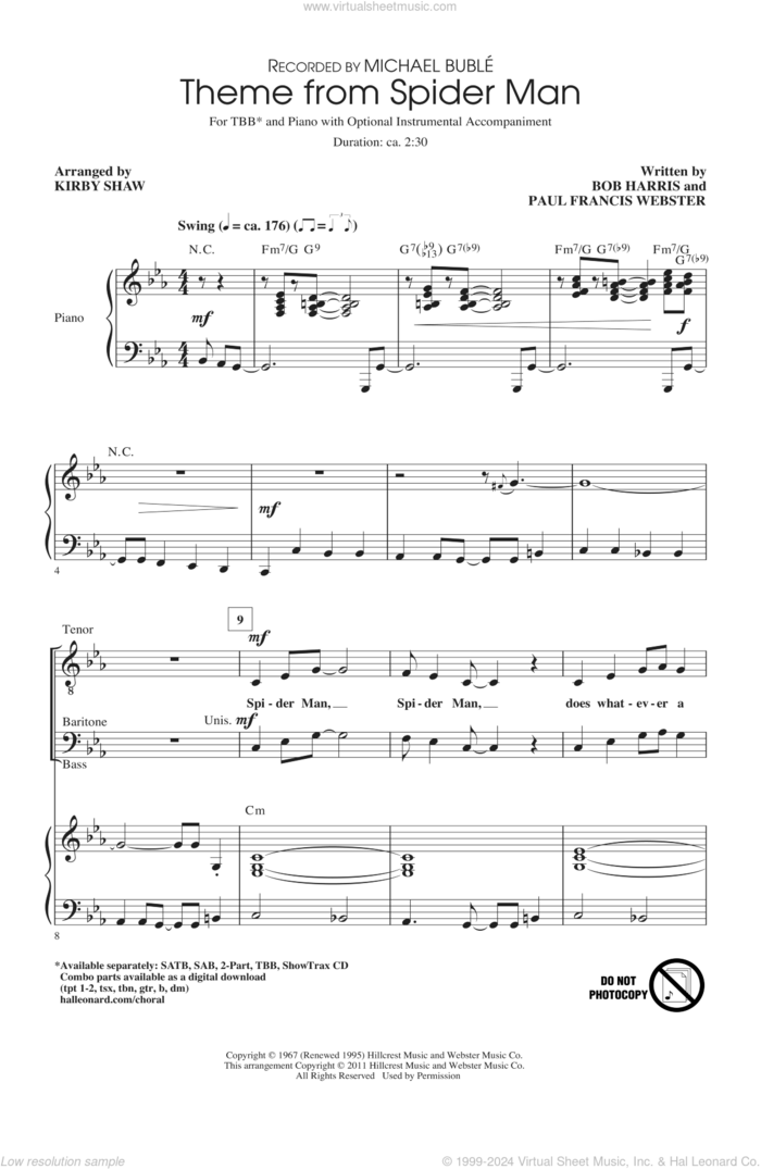 Theme From Spider-Man (arr. Kirby Shaw) sheet music for choir (TBB: tenor, bass) by Paul Francis Webster, Kirby Shaw, Michael Buble and Bob Harris, intermediate skill level