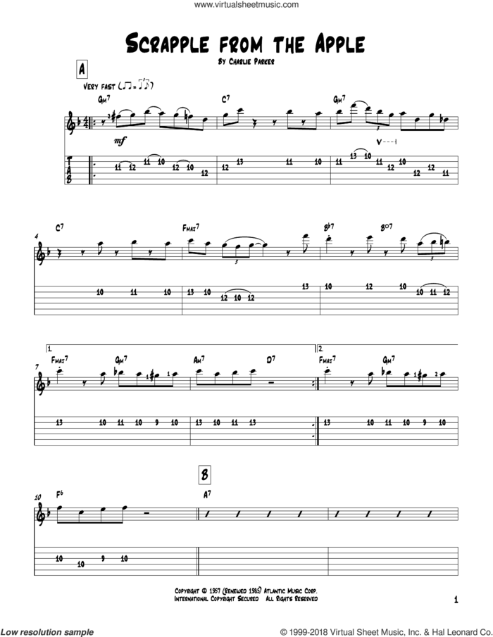 Scrapple From The Apple sheet music for guitar solo by Charlie Parker, intermediate skill level
