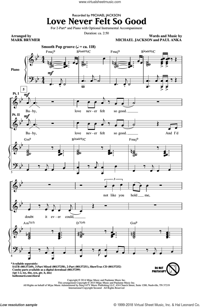 Love Never Felt So Good sheet music for choir (2-Part) by Michael Jackson, Mark Brymer, Michael Jackson & Justin Timberlake and Paul Anka, intermediate duet